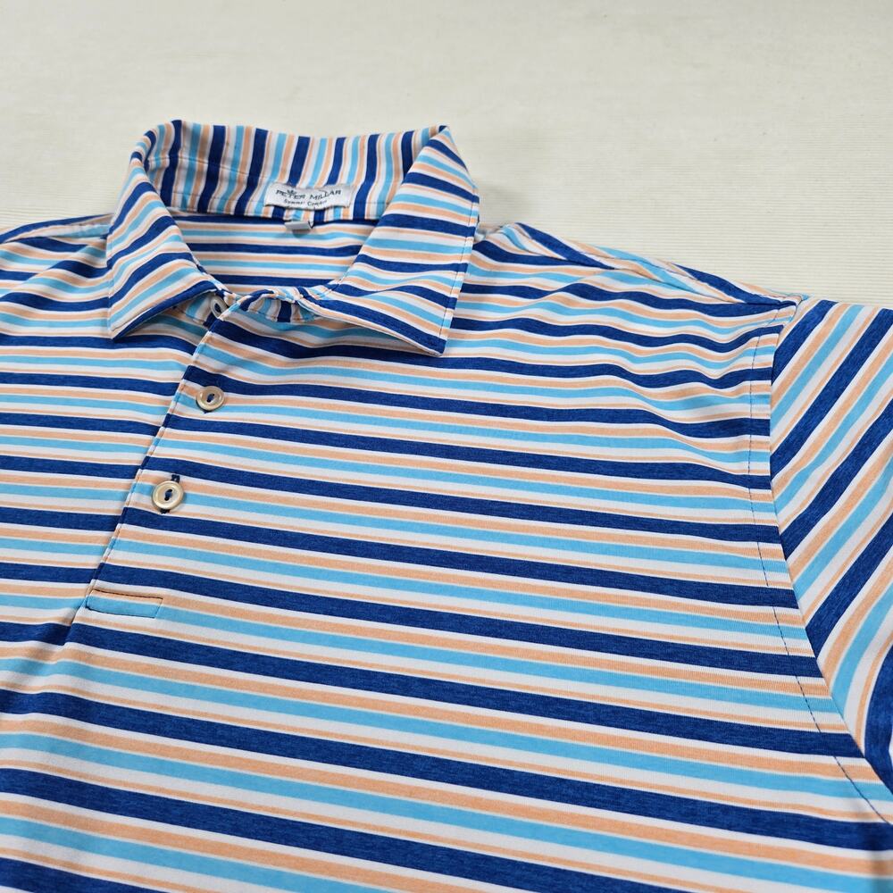 Peter Millar Summer Comfort Orange Blue Striped Short Sleeve Polo Size Large